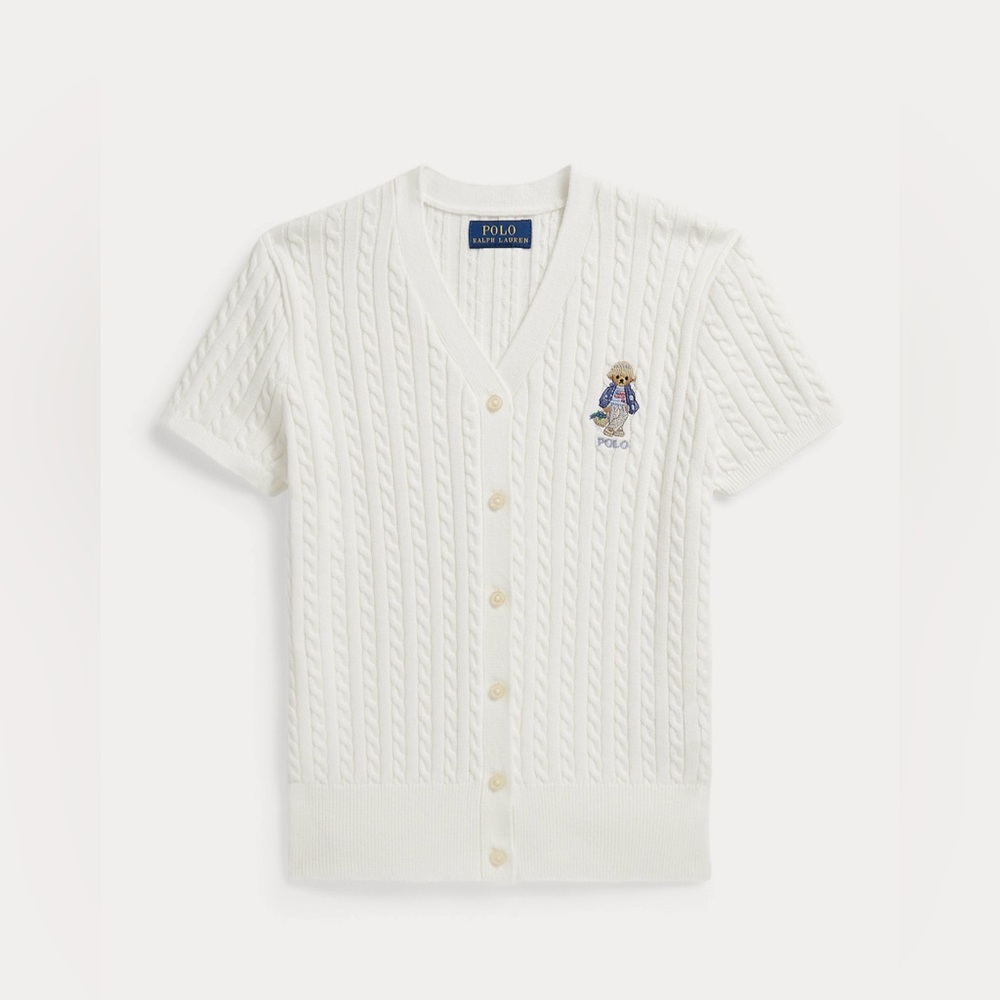 Polo by Ralph Lauren Women's BEAR Cable Knit Cardigan White color. V Neck.